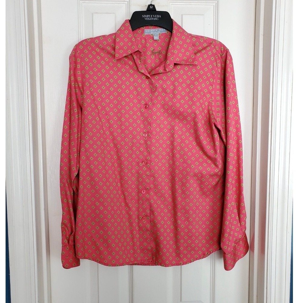 Foxcroft Pink Geometric Wrinkle Free Shaped Fit Cotton Button Up Shirt Size 6
